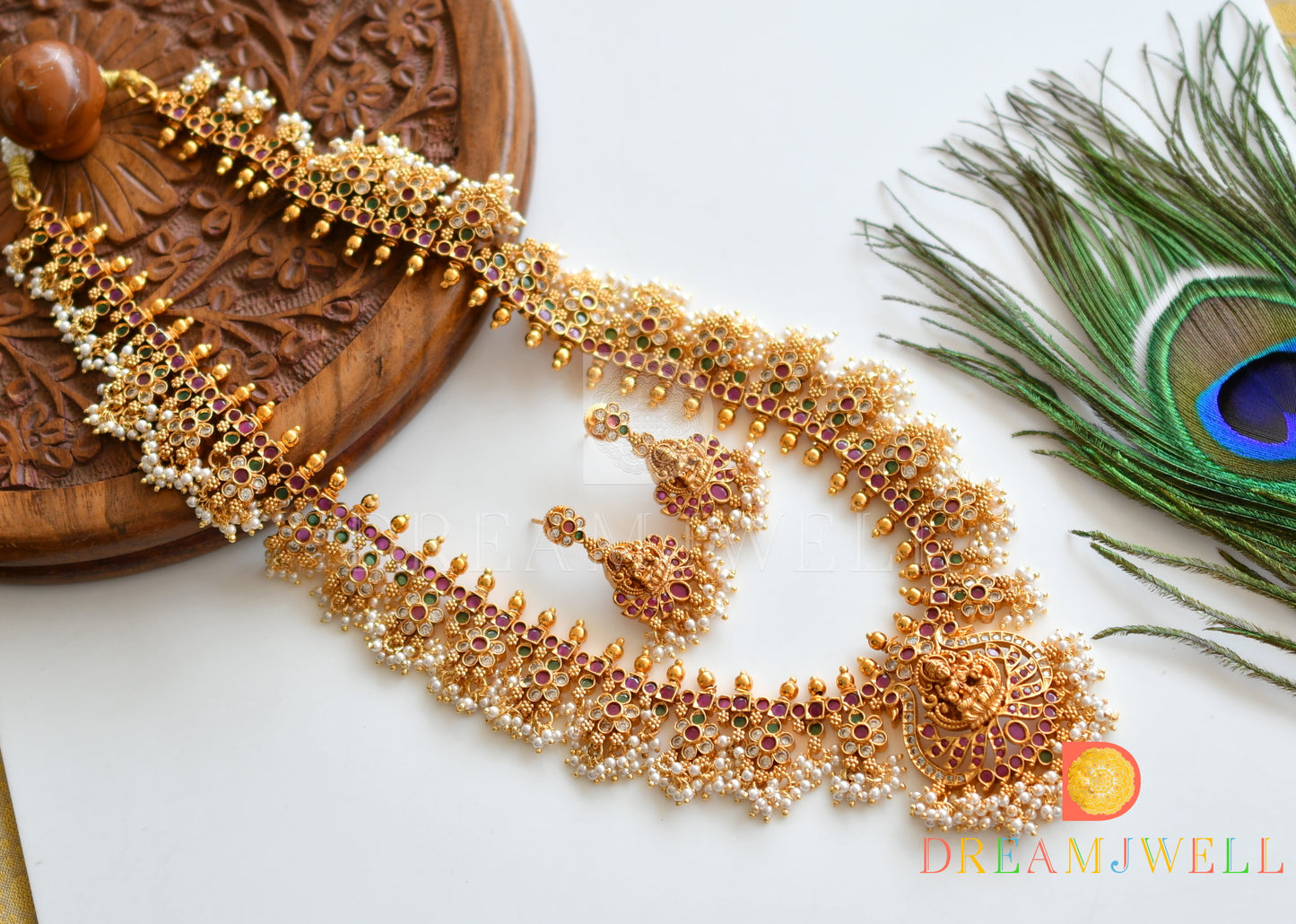 Matte finish Ruby-emerald-white Lakshmi gutta pusalu haar set dj-36974