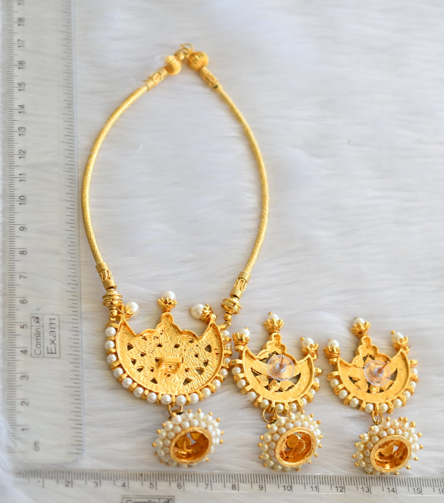 Gold tone green moon pearl necklace set dj-26143
