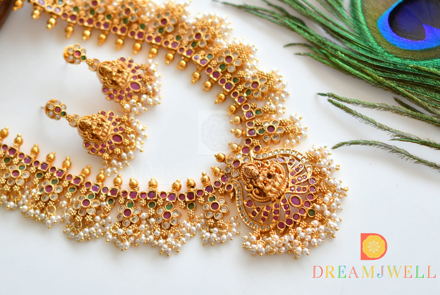 Matte finish Ruby-emerald-white Lakshmi gutta pusalu haar set dj-36974