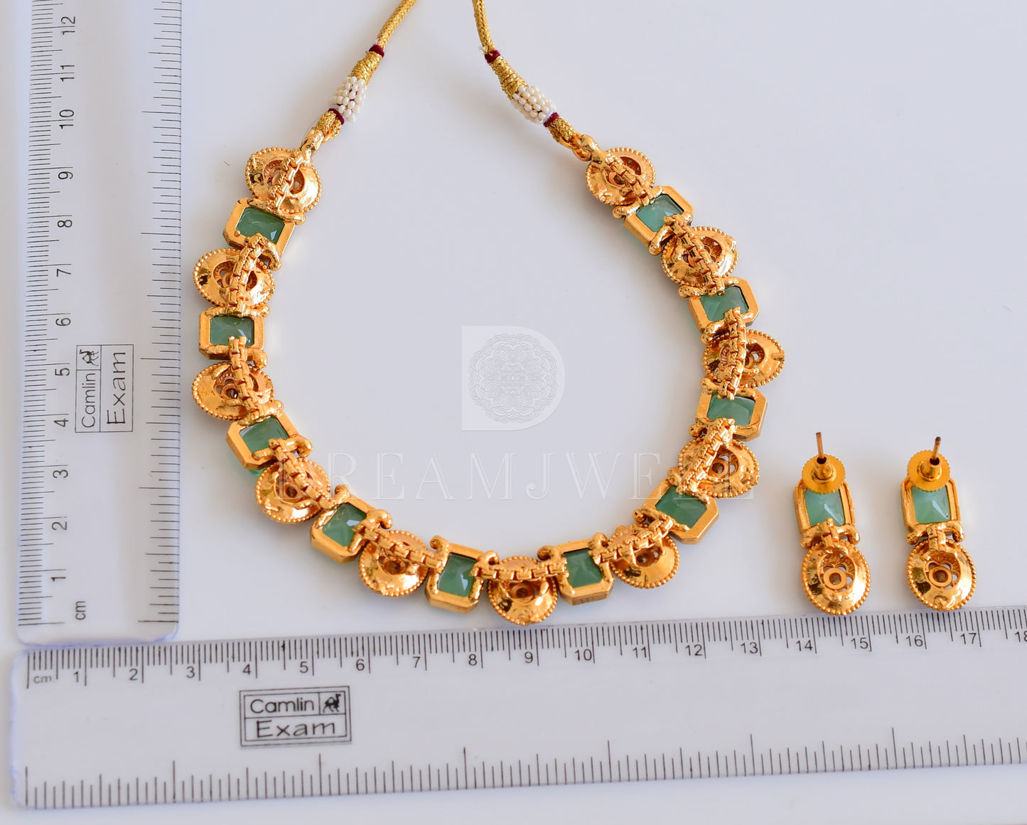 Antique sea green block stone designer necklace set dj-35418