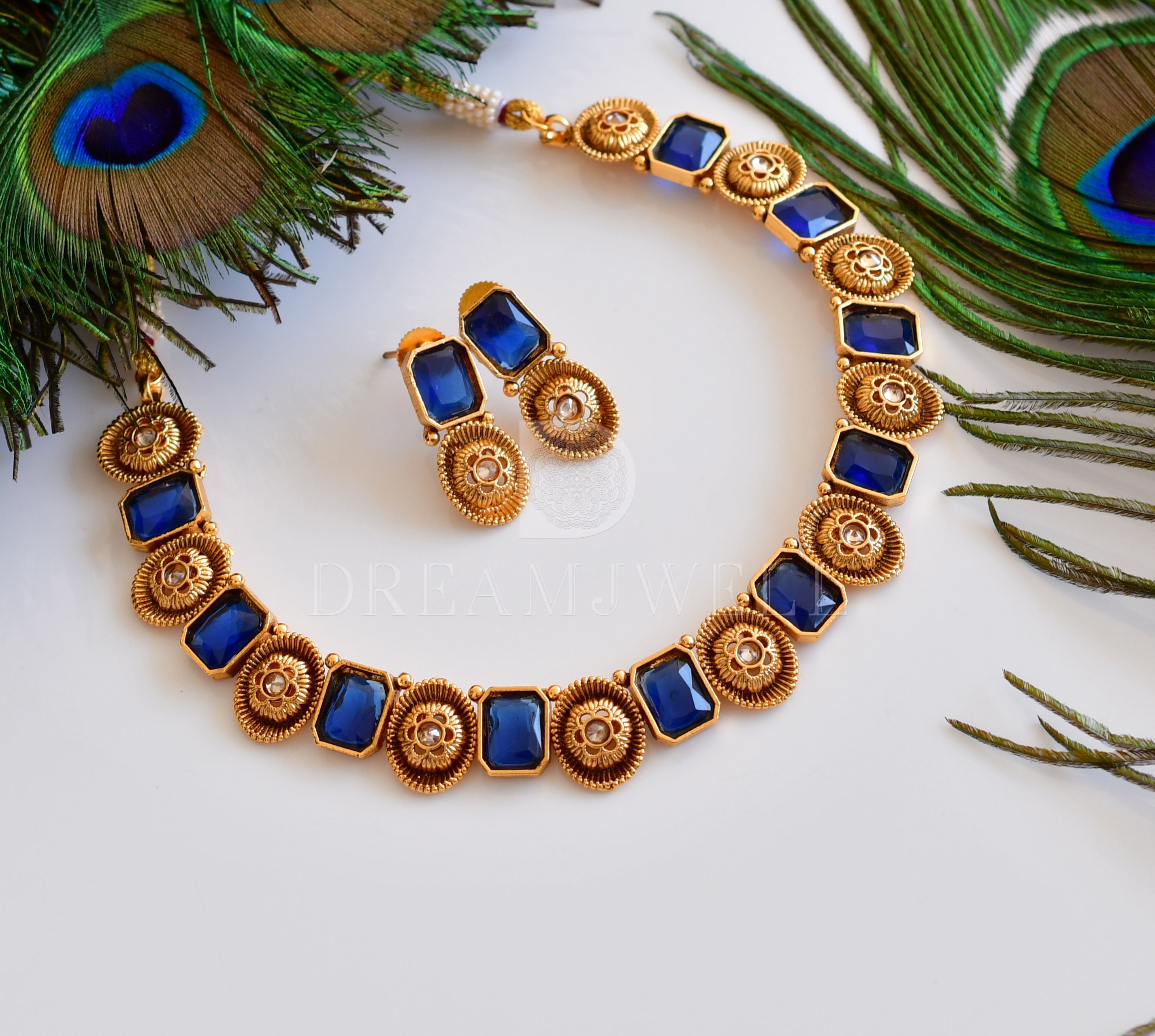 Set of 4 Gold-Plated Blue Stone Studded Long Necklace