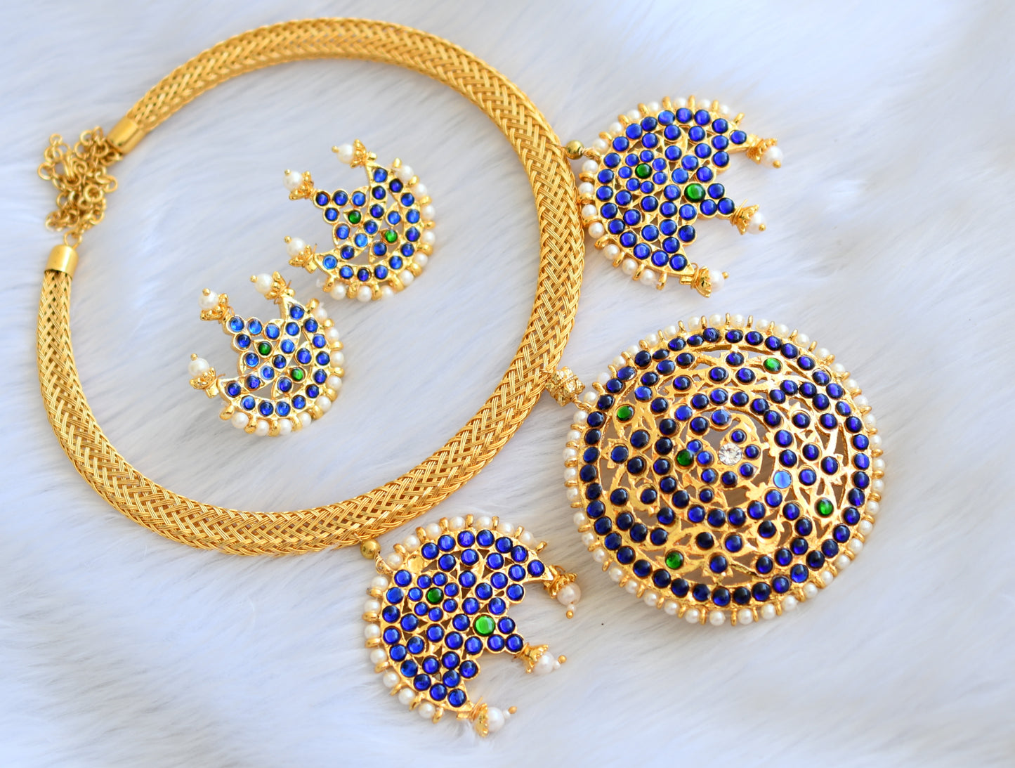 Gold tone blue-green moon necklace set dj-24395