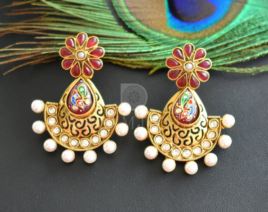 Antique gold tone Ruby Meenkari Earrings -dj14005