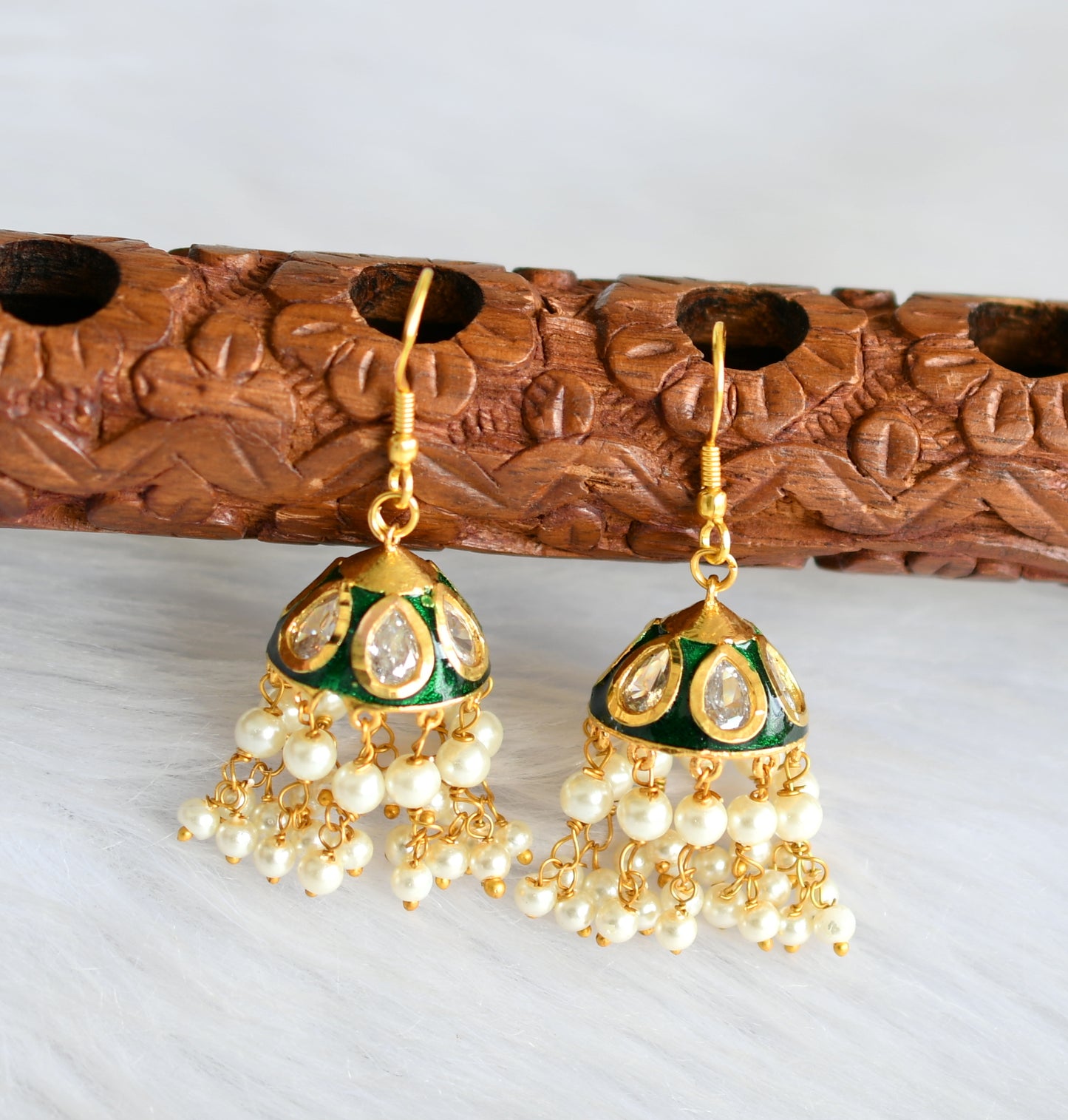 Gold tone Meenakari green-white hook jhumkka dj-40102