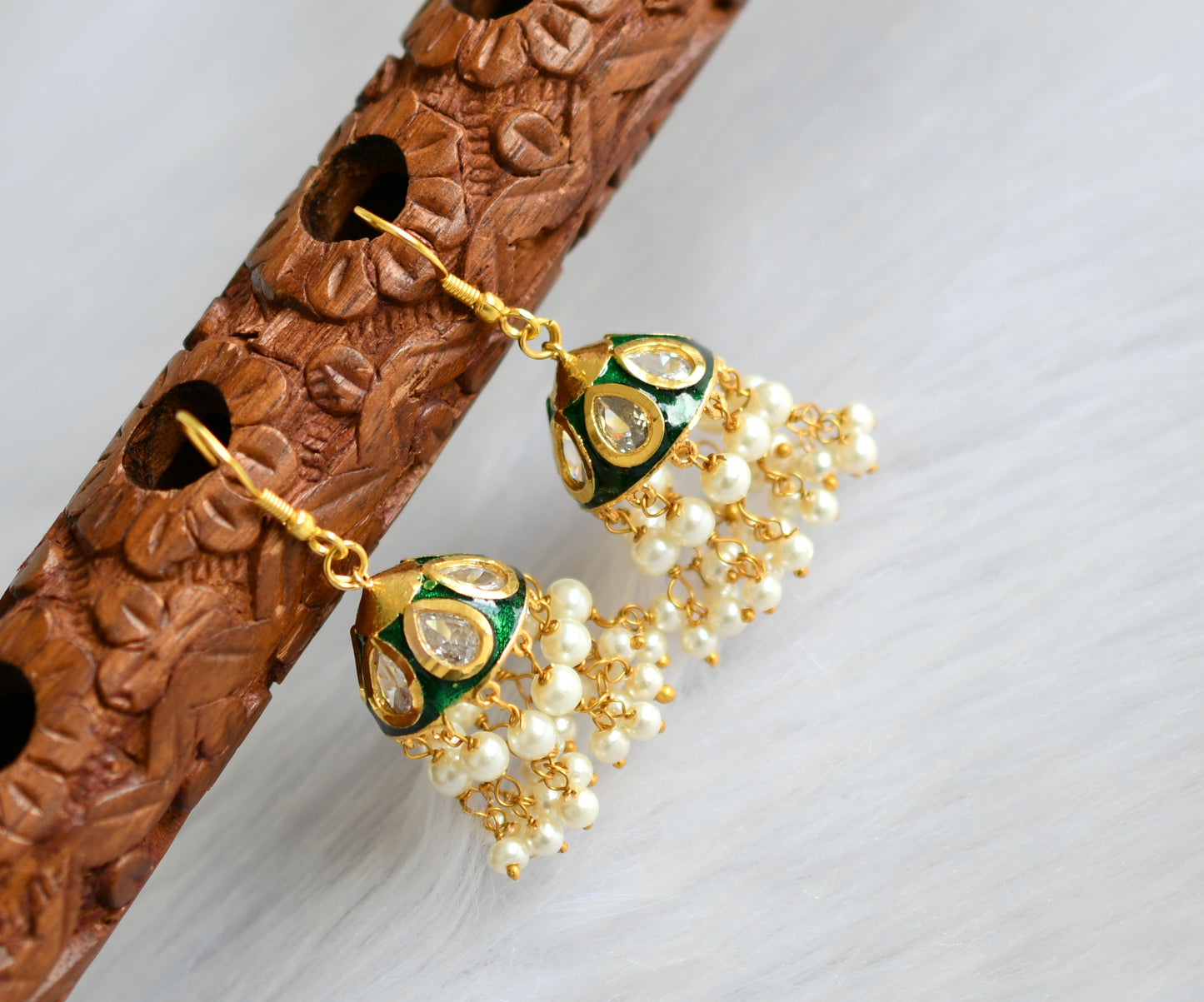 Gold tone Meenakari green-white hook jhumkka dj-40102