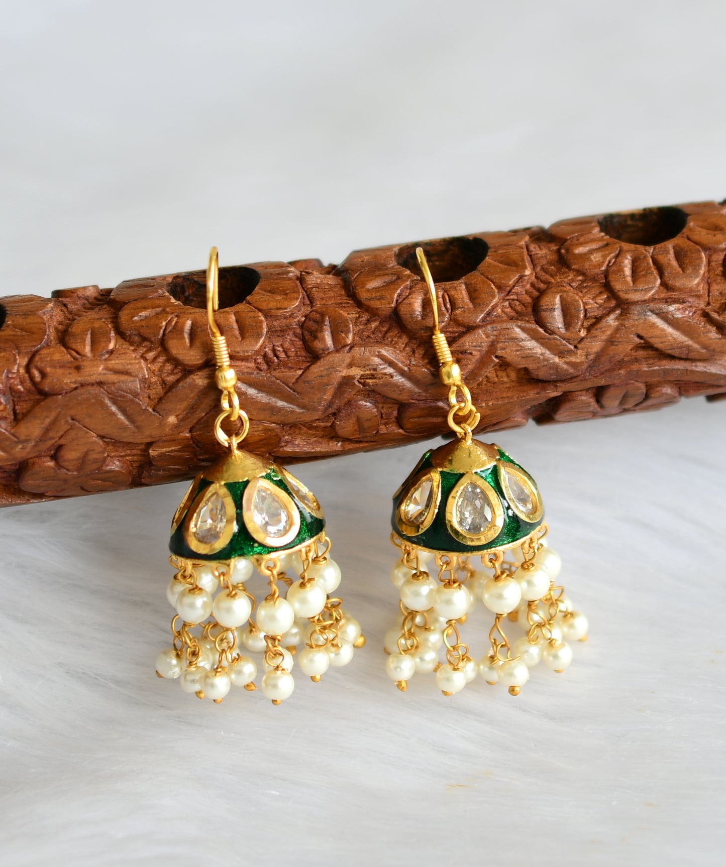 Gold tone Meenakari green-white hook jhumkka dj-40102