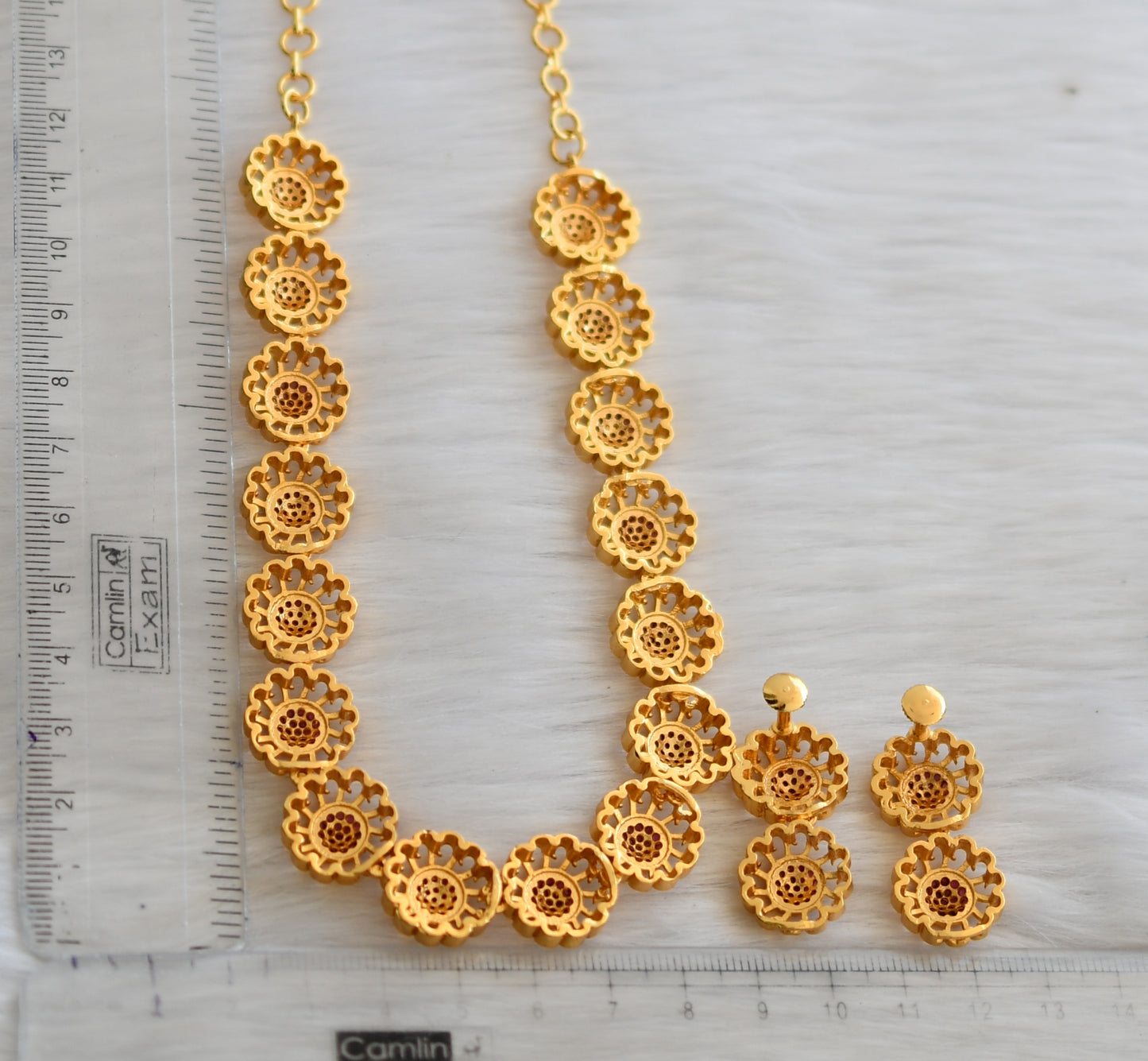 Gold tone cz ruby-white stone flower necklace set dj-40947