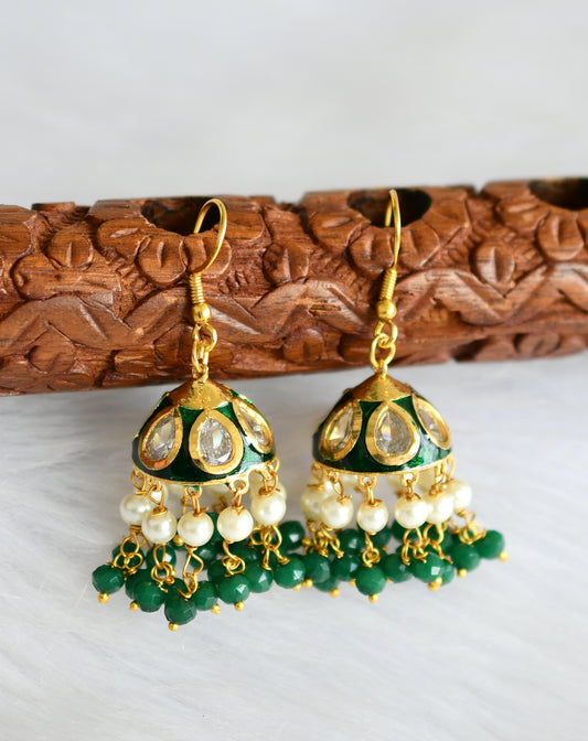 Gold tone Meenakari green-white hook jhumkka dj-40103