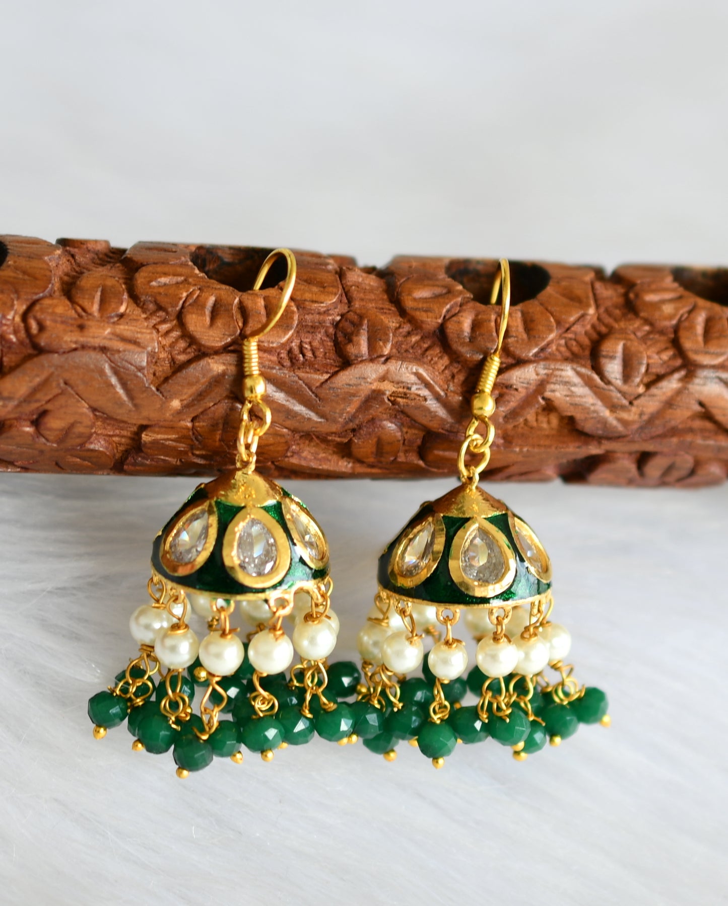 Gold tone Meenakari green-white hook jhumkka dj-40103