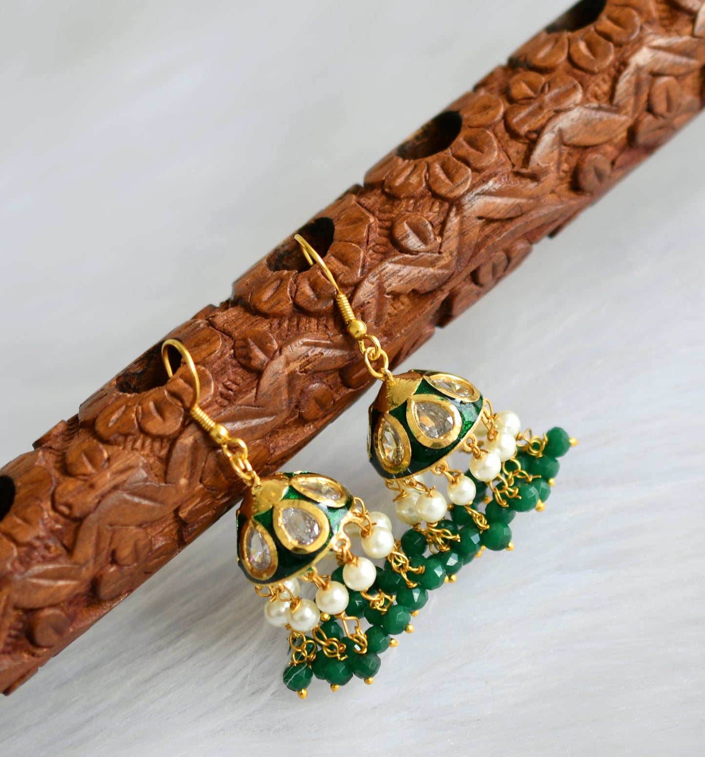 Gold tone Meenakari green-white hook jhumkka dj-40103