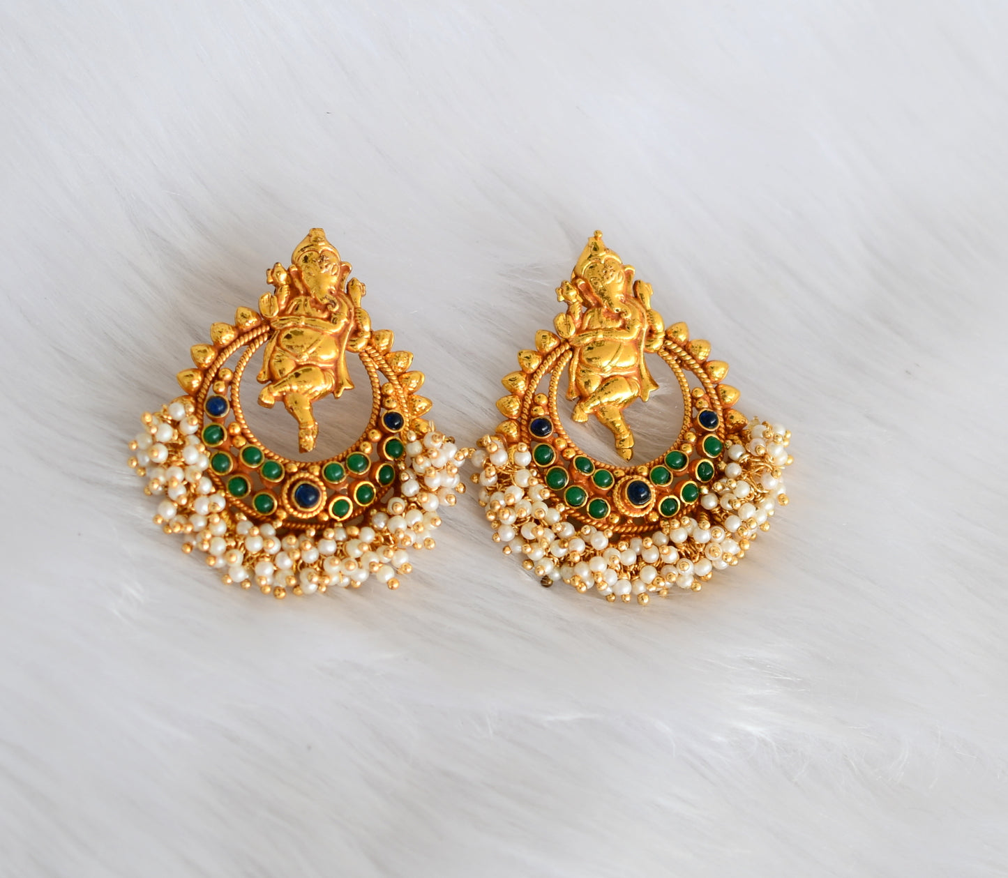 Antique gold tone Ganesh pearl cluster blue-green necklace set dj-29547