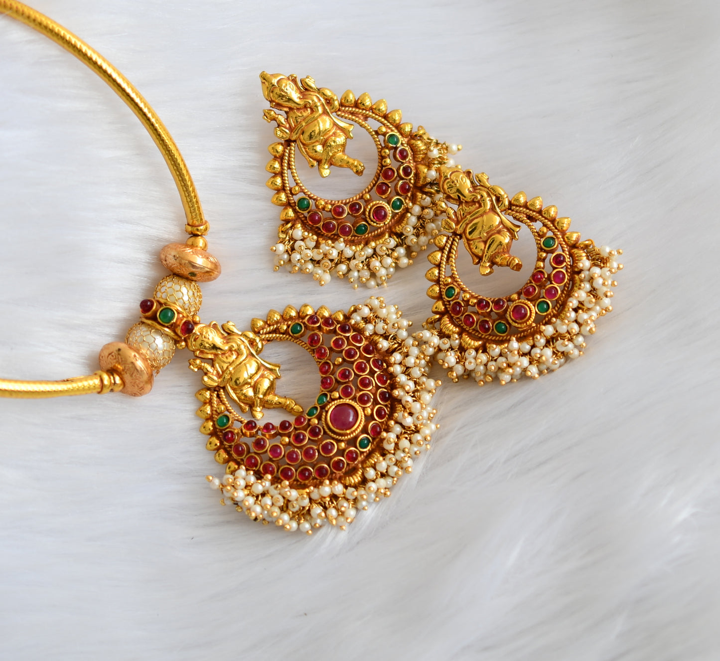 Antique gold tone kemp-green Ganesh pearl cluster necklace set dj-29546