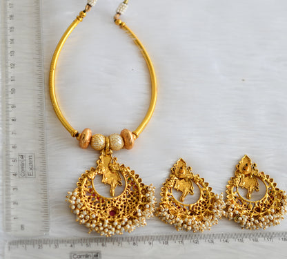 Antique gold tone kemp-green Ganesh pearl cluster necklace set dj-29546