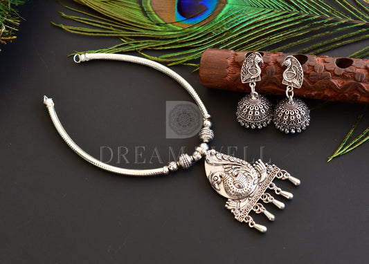 silver tone peacock designer necklace set dj-35435