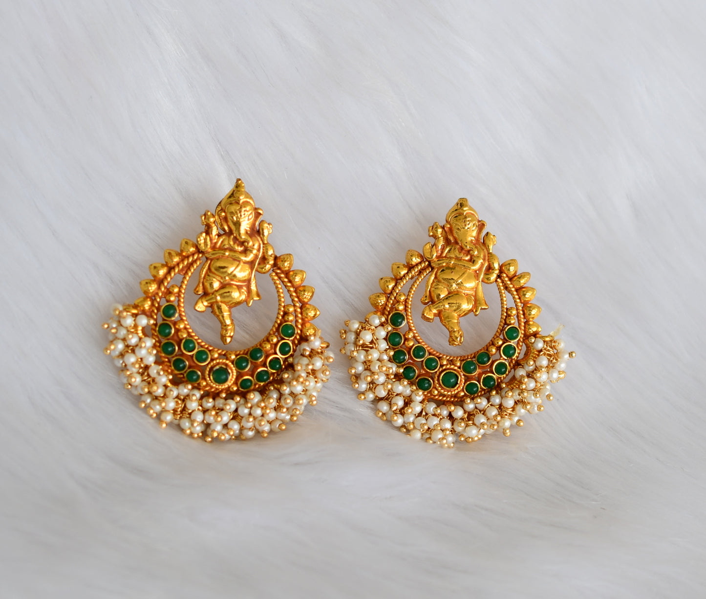 Antique gold tone Ganesh pearl cluster green necklace set dj-29548