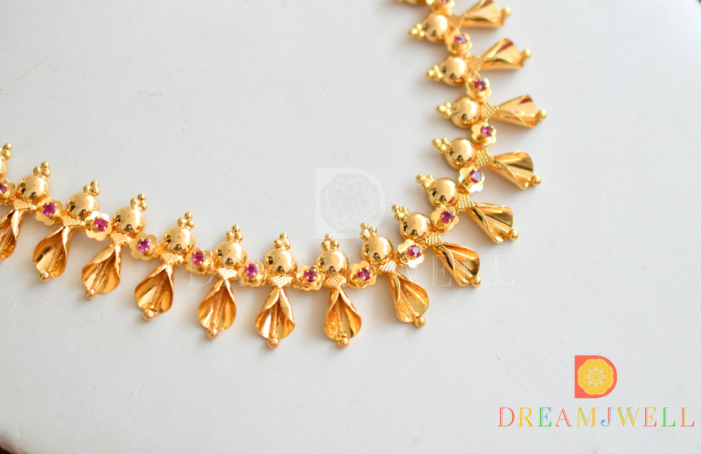 Gold tone pink stone kerala style necklace dj-36970