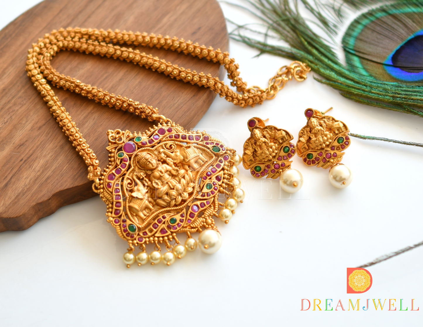 Matte Finish Ruby-emerald Royal Lakshmi Necklace Set dj-09949