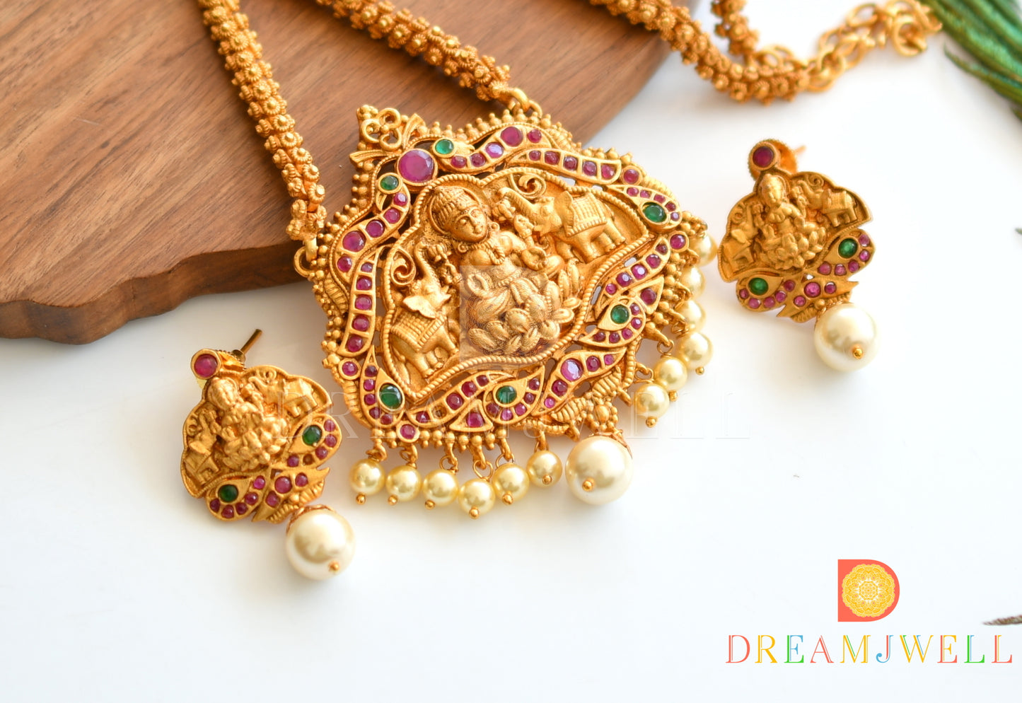 Matte Finish Ruby-emerald Royal Lakshmi Necklace Set dj-09949