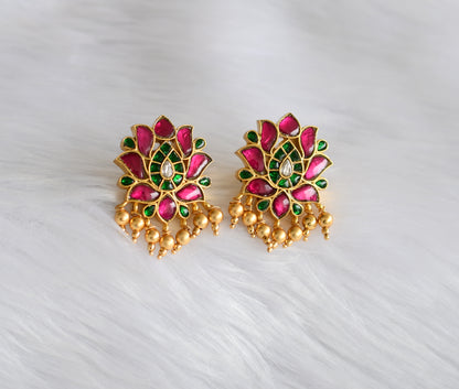 Gold tone pink-green-white kundan jadau Lotus earrings dj-38632
