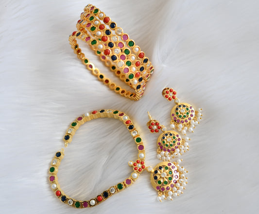 Gold tone navarathna south Indian style attigai/necklace set with set of 4 Bangles