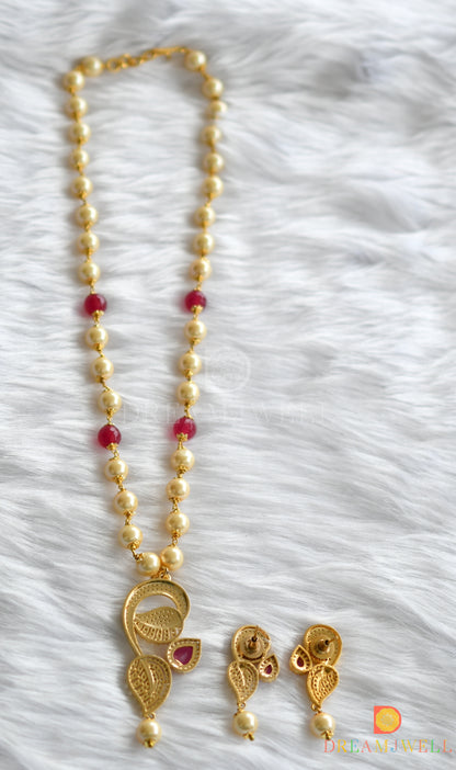 Gold tone pink pearl necklace set dj-01418