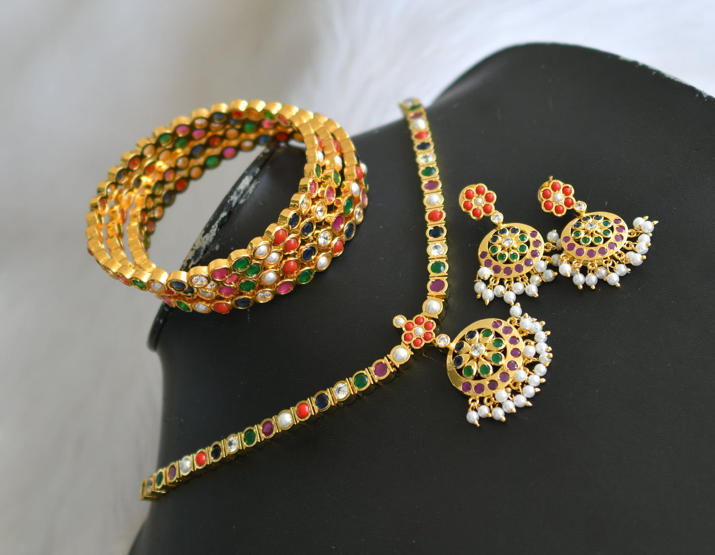 Gold tone navarathna south Indian style attigai/necklace set with set of 4 Bangles