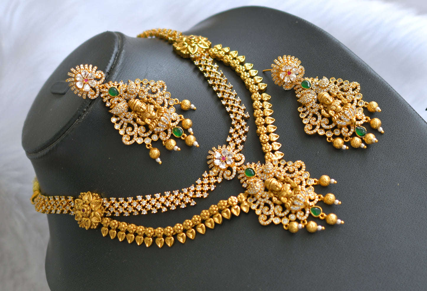 Matte finish ruby-emerald-white Lakshmi double layer necklace set dj-38625