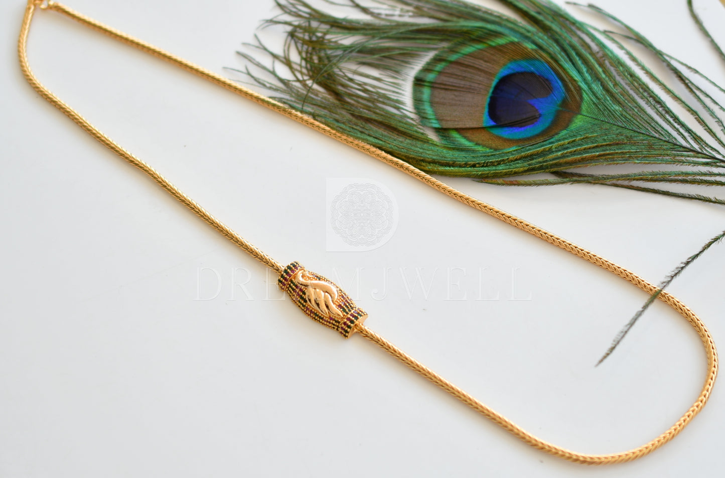 Gold tone ruby-emerald peacock mugappu chain dj-25627