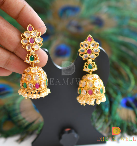 Gold tone AD ruby-emerald flower Jhumkka dj-20981