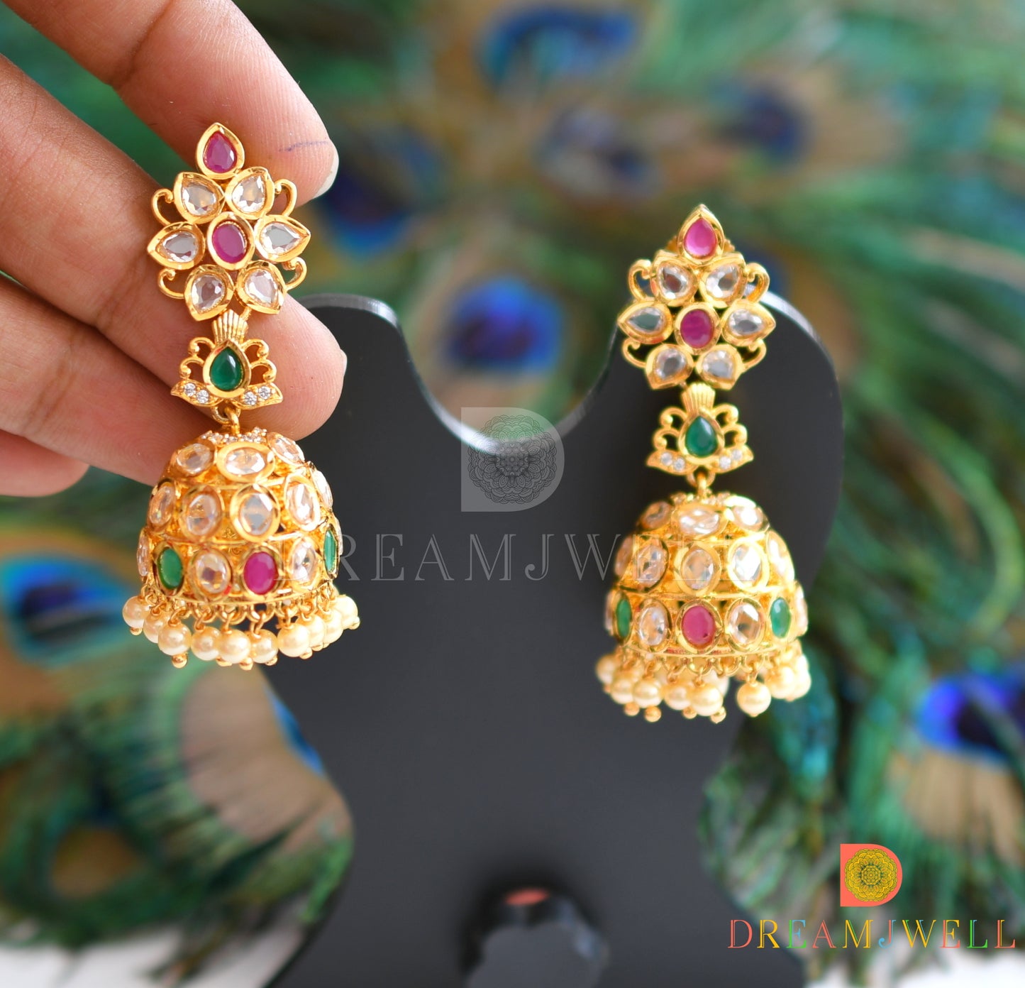 Gold tone AD ruby-emerald flower Jhumkka dj-20981