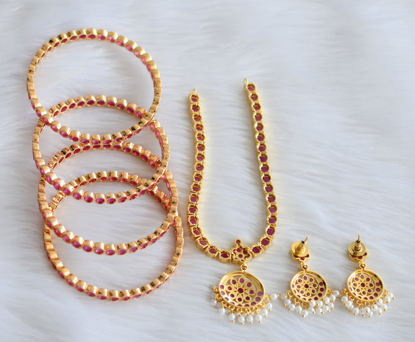 Gold tone ruby south Indian style attigai/necklace set with set of 4 Bangles