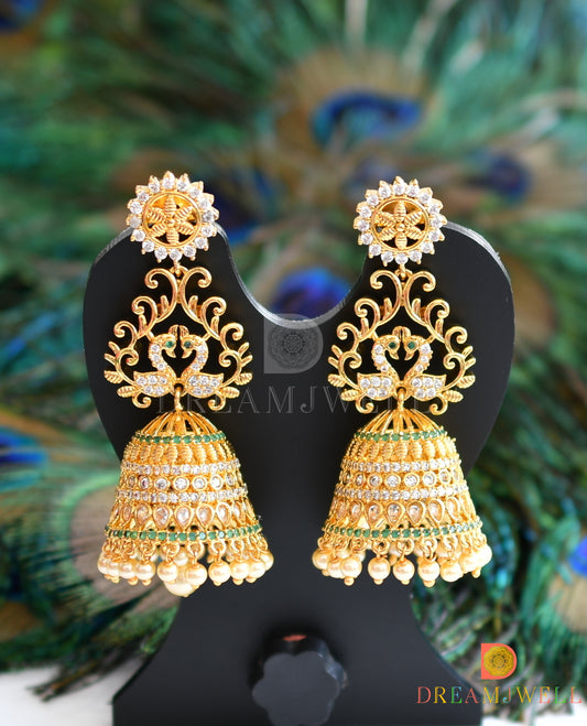 Gold tone Cz white-emerald peacock Jhumkka dj-20979