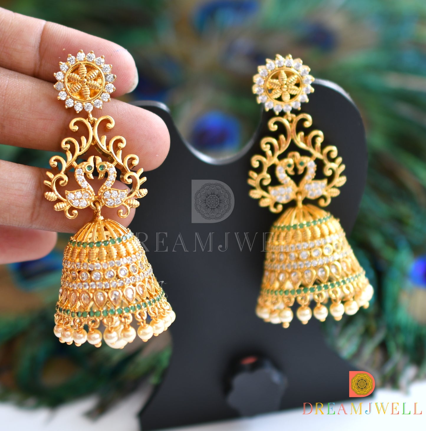 Gold tone Cz white-emerald peacock Jhumkka dj-20979