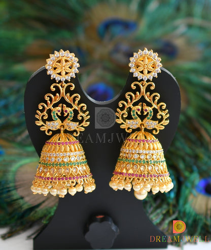 Gold tone Cz ruby-emerald peacock Jhumkka dj-20978