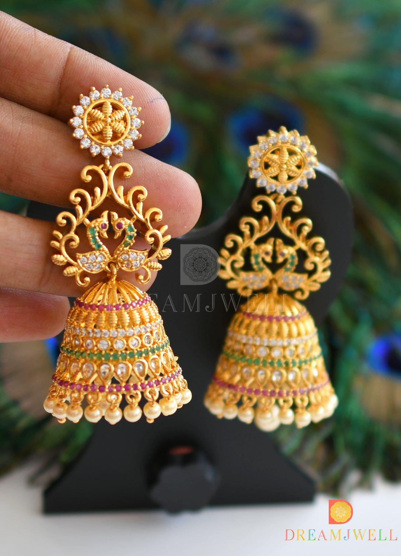 Gold tone Cz ruby-emerald peacock Jhumkka dj-20978