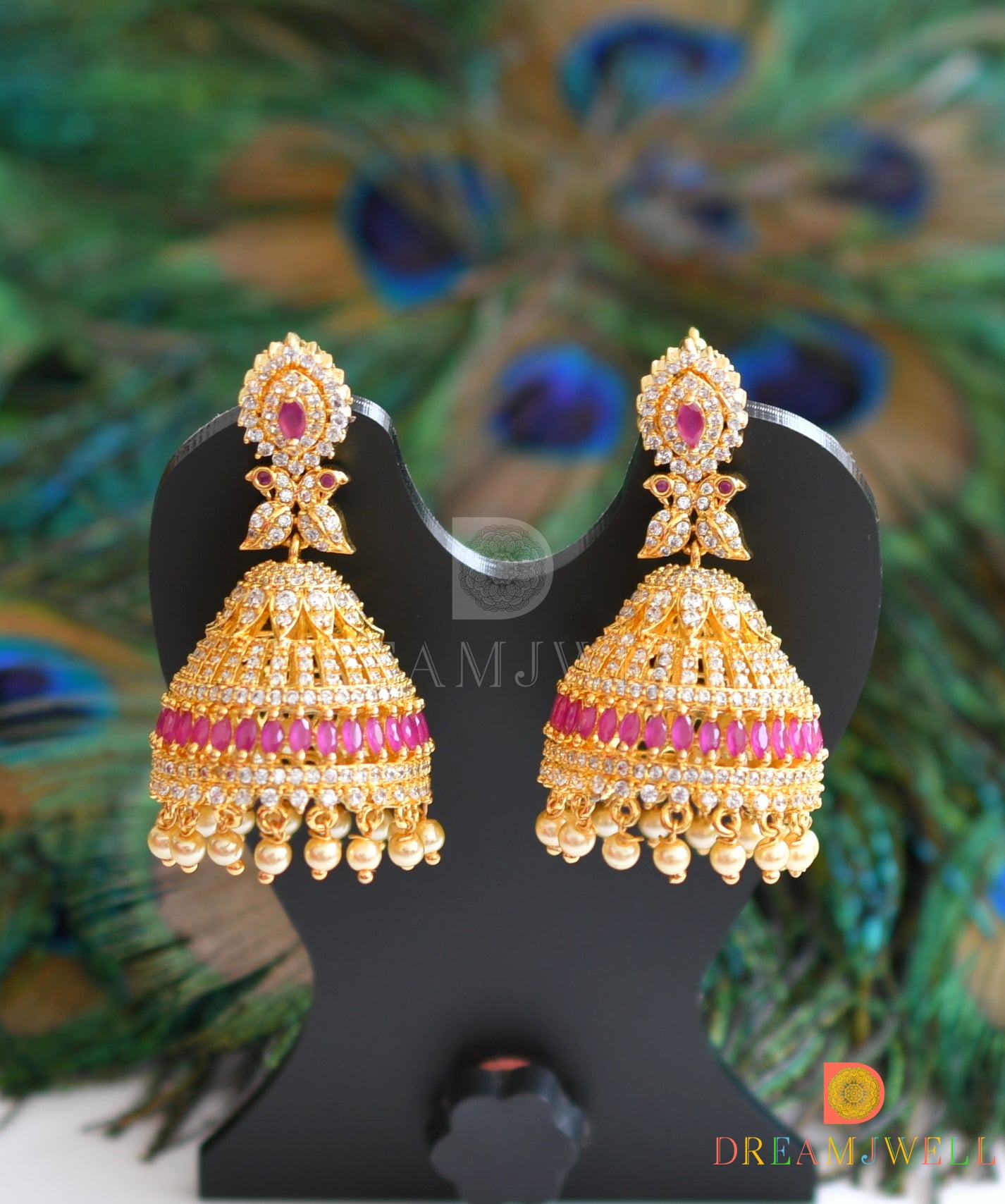 Gold tone Cz ruby-white big Jhumkka dj-20977