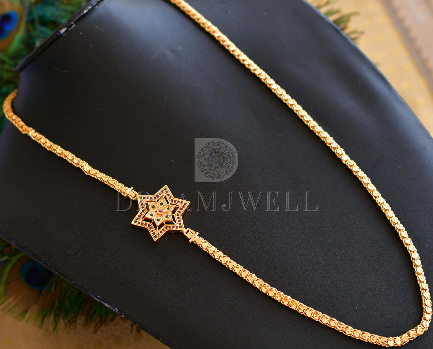 Gold tone ruby-emerald Star mugappu chain dj-25720