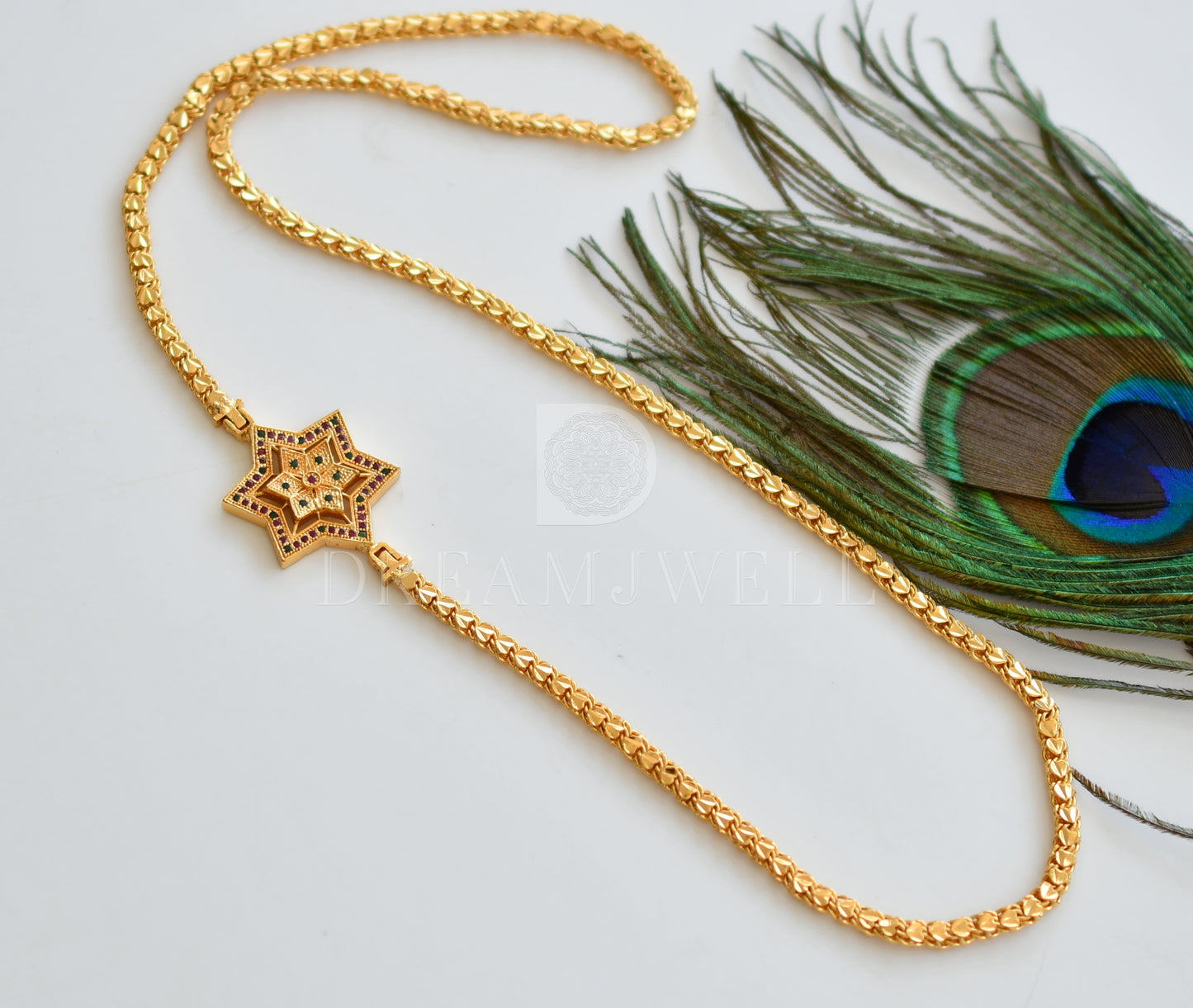 Gold tone ruby-emerald Star mugappu chain dj-25720
