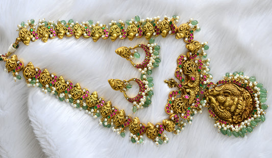 Antique pink-green-white kundan jadau Lakshmi-peacock haar set dj-38618