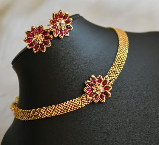 Antique gold tone ruby-gold stone flower choker necklace set dj-40936