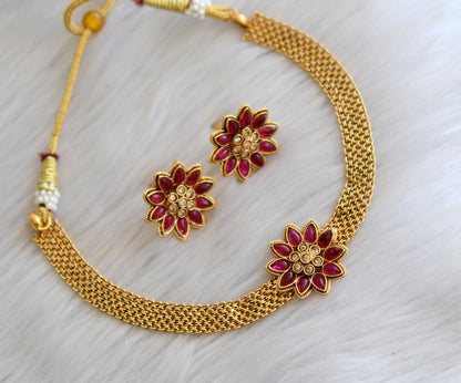 Antique gold tone ruby-gold stone flower choker necklace set dj-40936