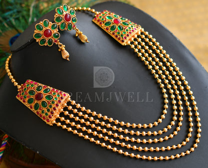 Antique Multi Layer Kemp-green Mugappu Necklace Set dj-16913