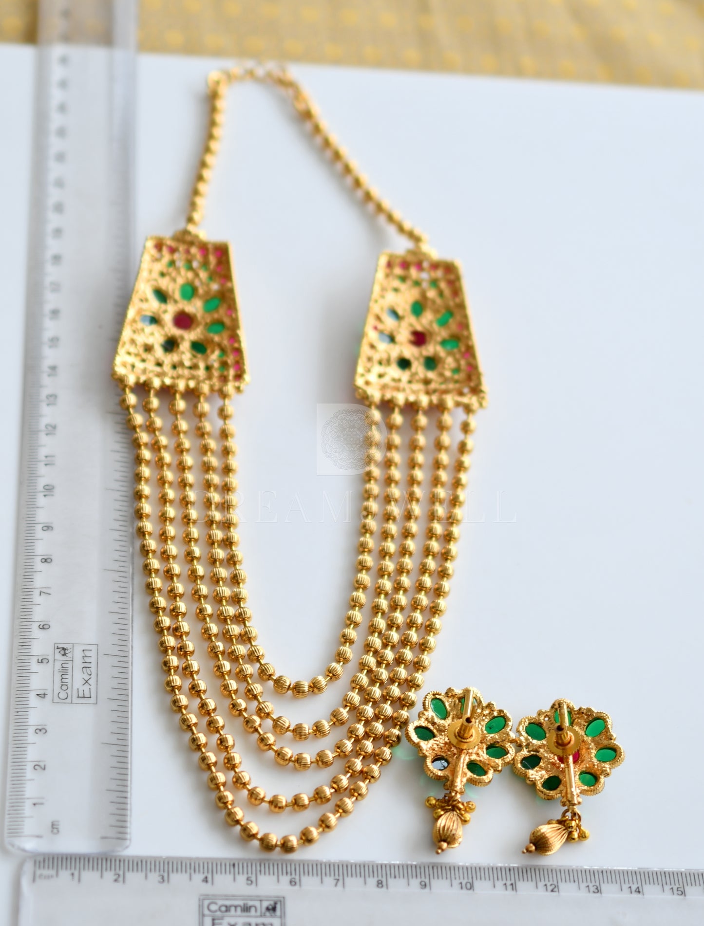 Antique Multi Layer Kemp-green Mugappu Necklace Set dj-16913