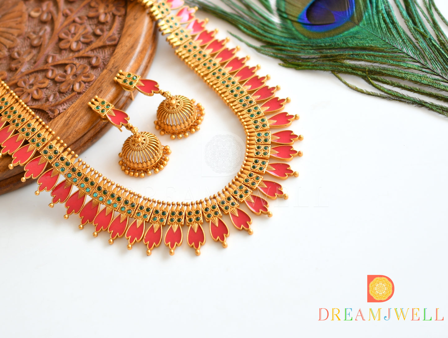 Matte finish red-green Kerala style haar set dj-36256