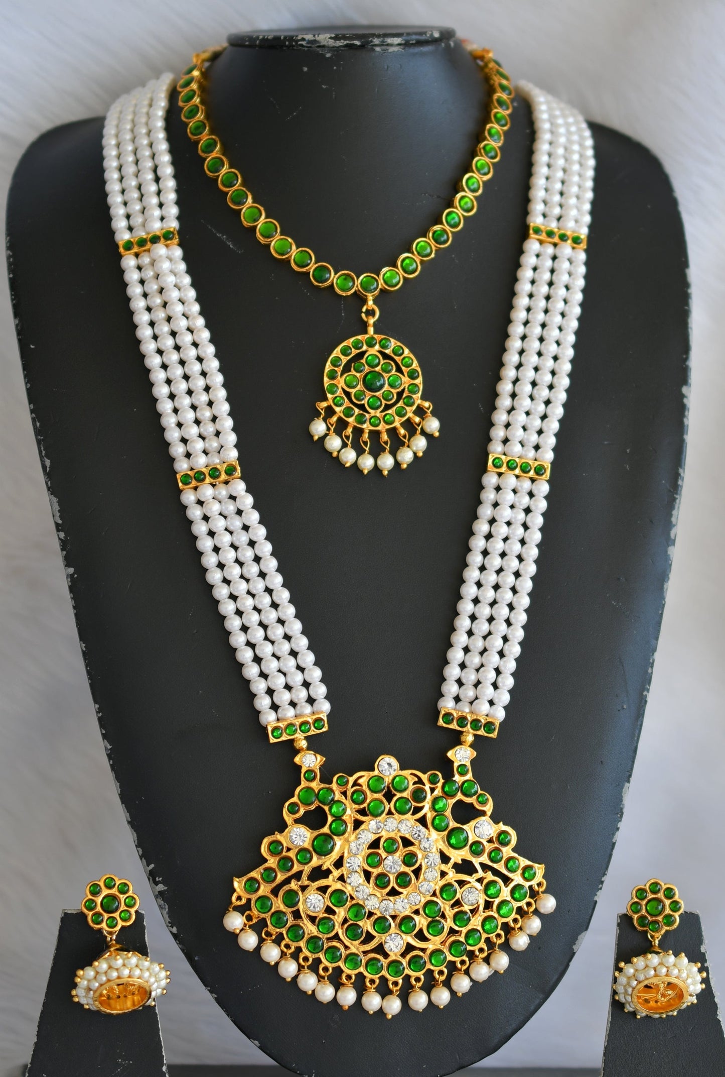 Gold tone pearl green-white peacock pendant semi bridal set dj-39349