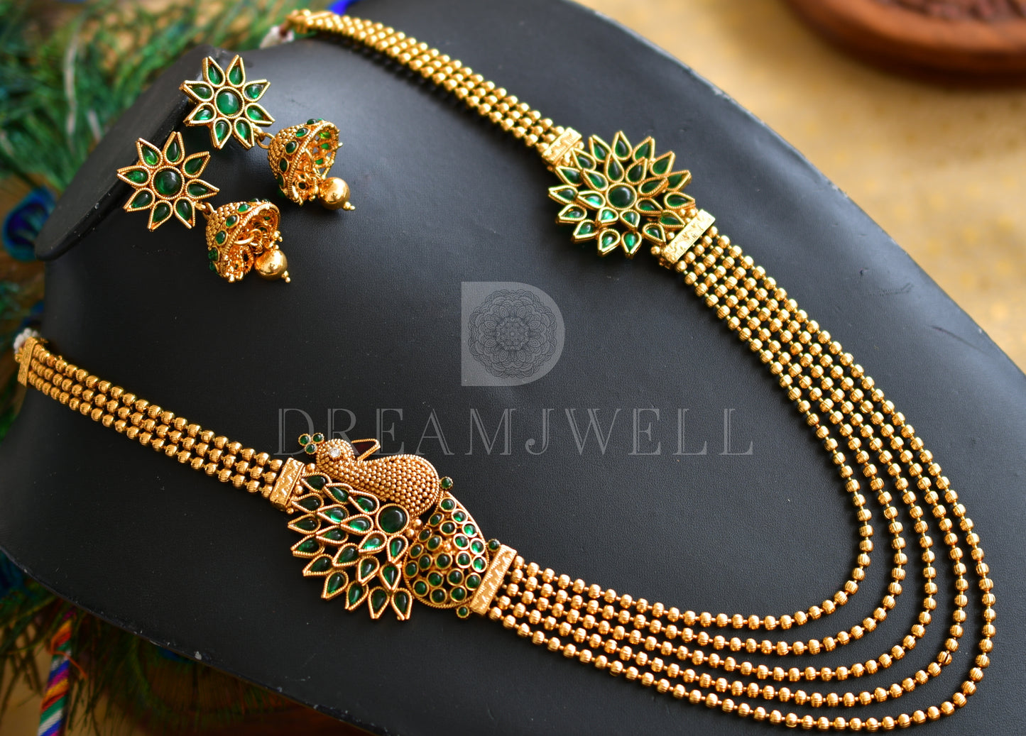 Antique Multilayer Green Peacock Mugappu Necklace Set dj-16756