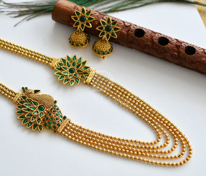 Antique Multilayer Green Peacock Mugappu Necklace Set dj-16756