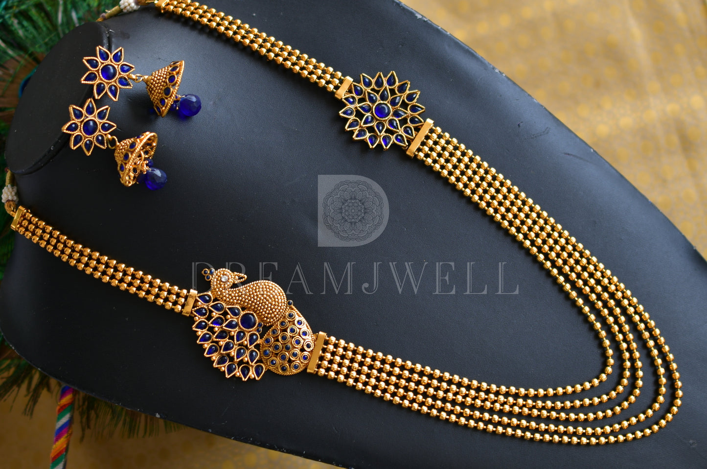 Antique Multilayer Blue Peacock Mugappu Necklace Set dj-16757