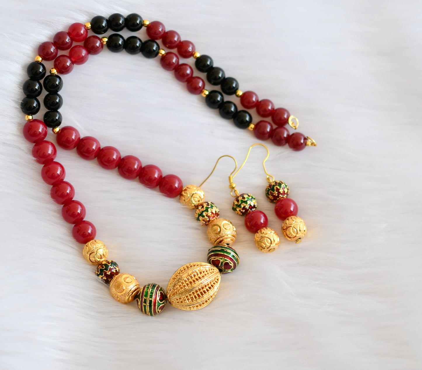 Handmade black-red beaded necklace set dj-01326