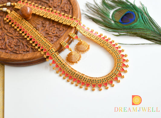 Matte finish red-green Kerala style haar set dj-36259